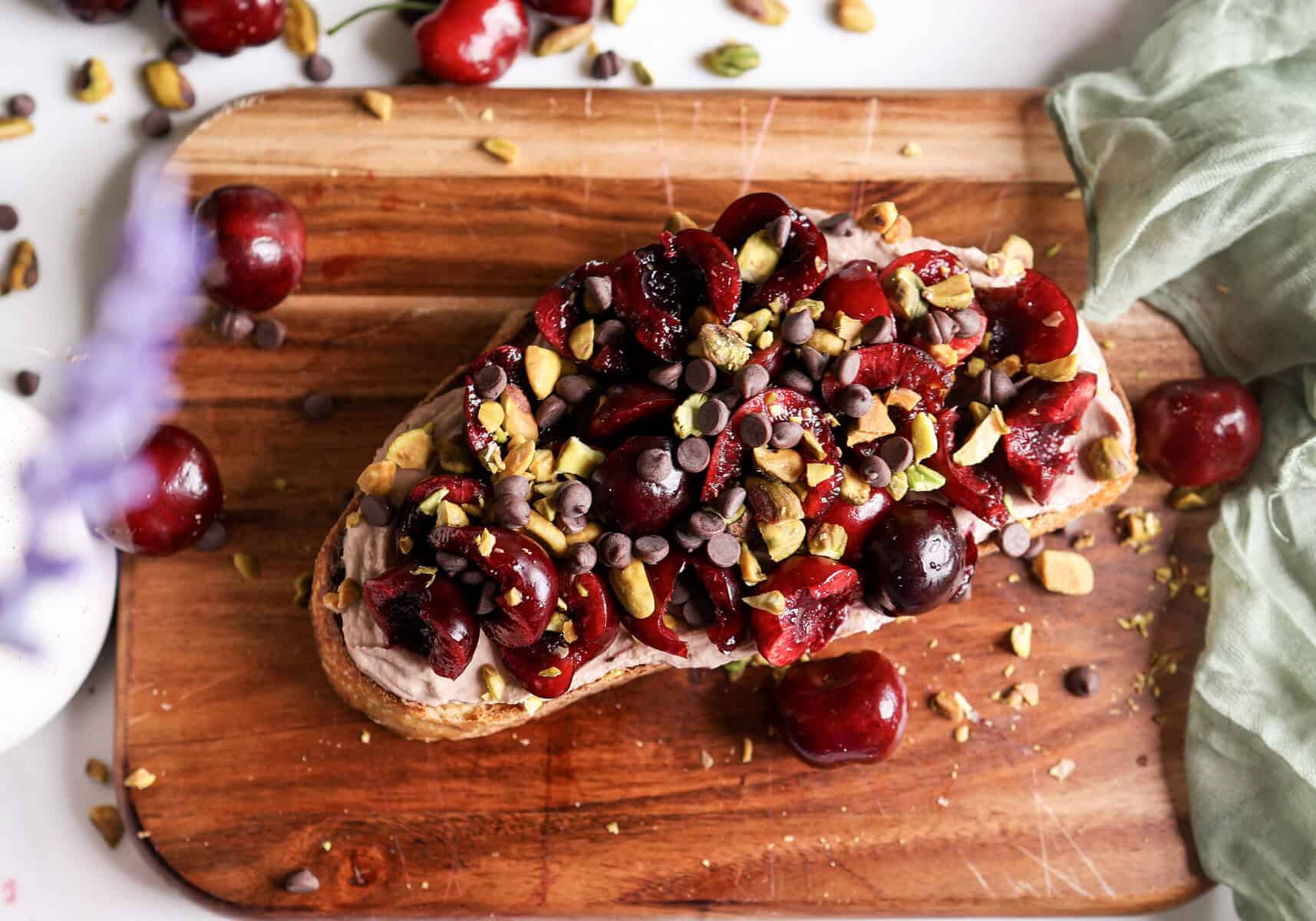 Cherry toast with pistachios and chocolate