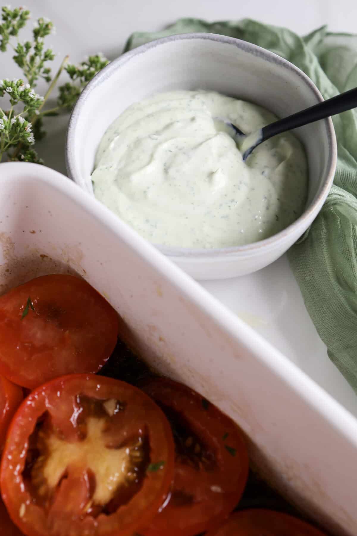 Up close picture of the basil ricotta for the sourdough toast.