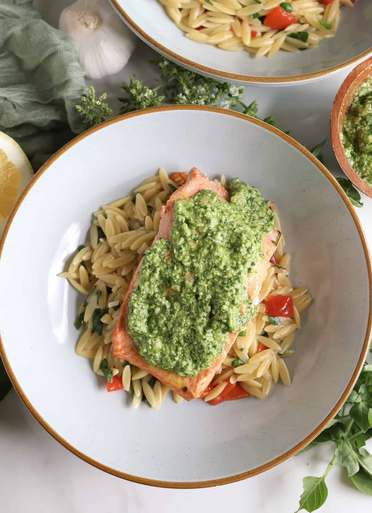 Pesto Salmon with Lemon Orzo