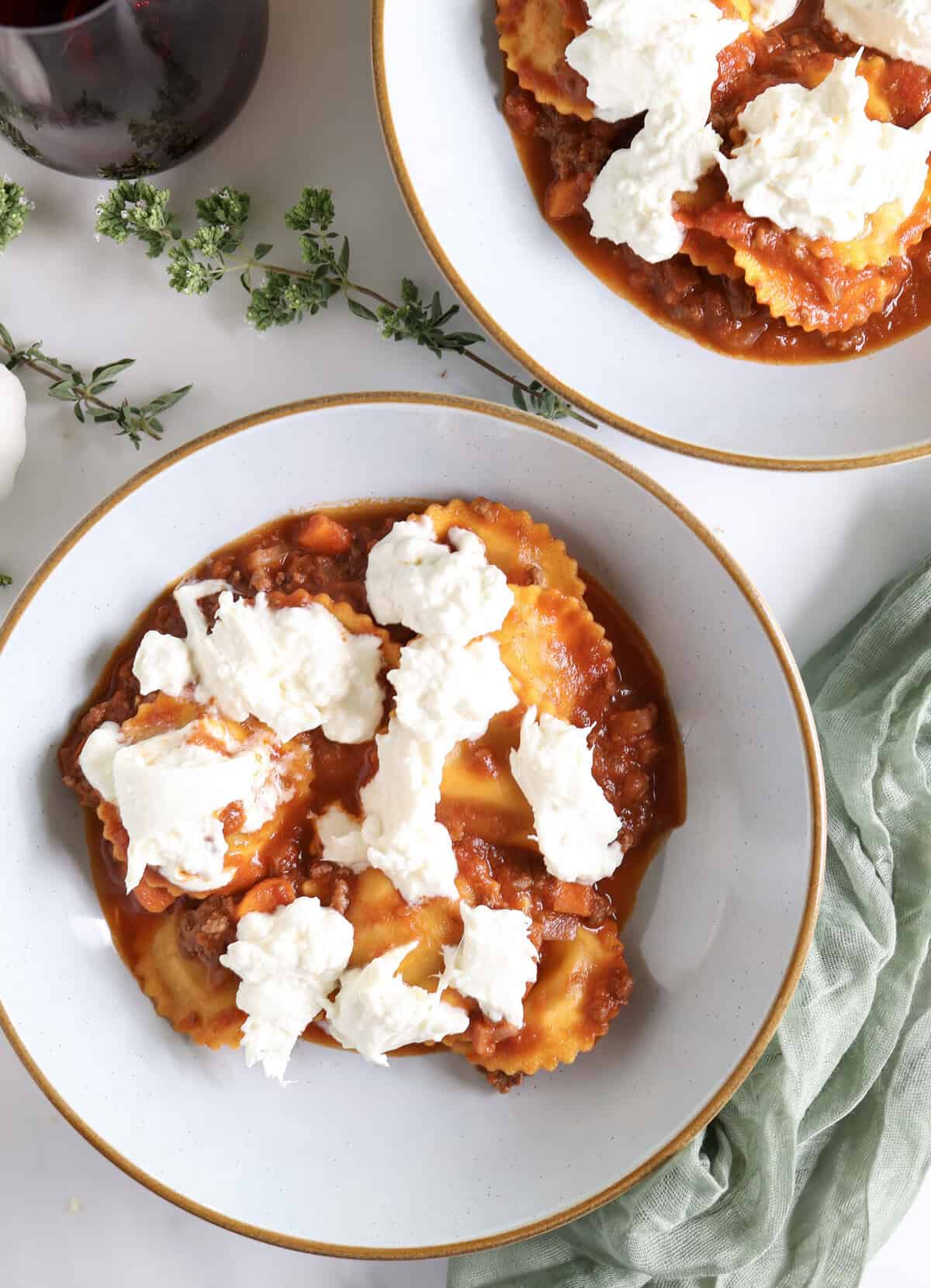 One Pot Ravioli with Ragu and Burrata