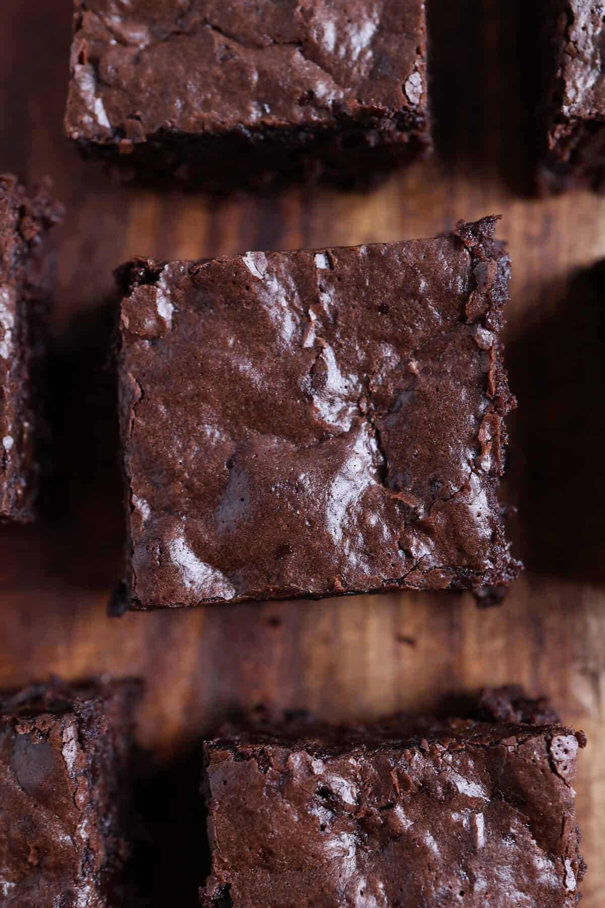 shiny and crinkly top of fudgy brownies