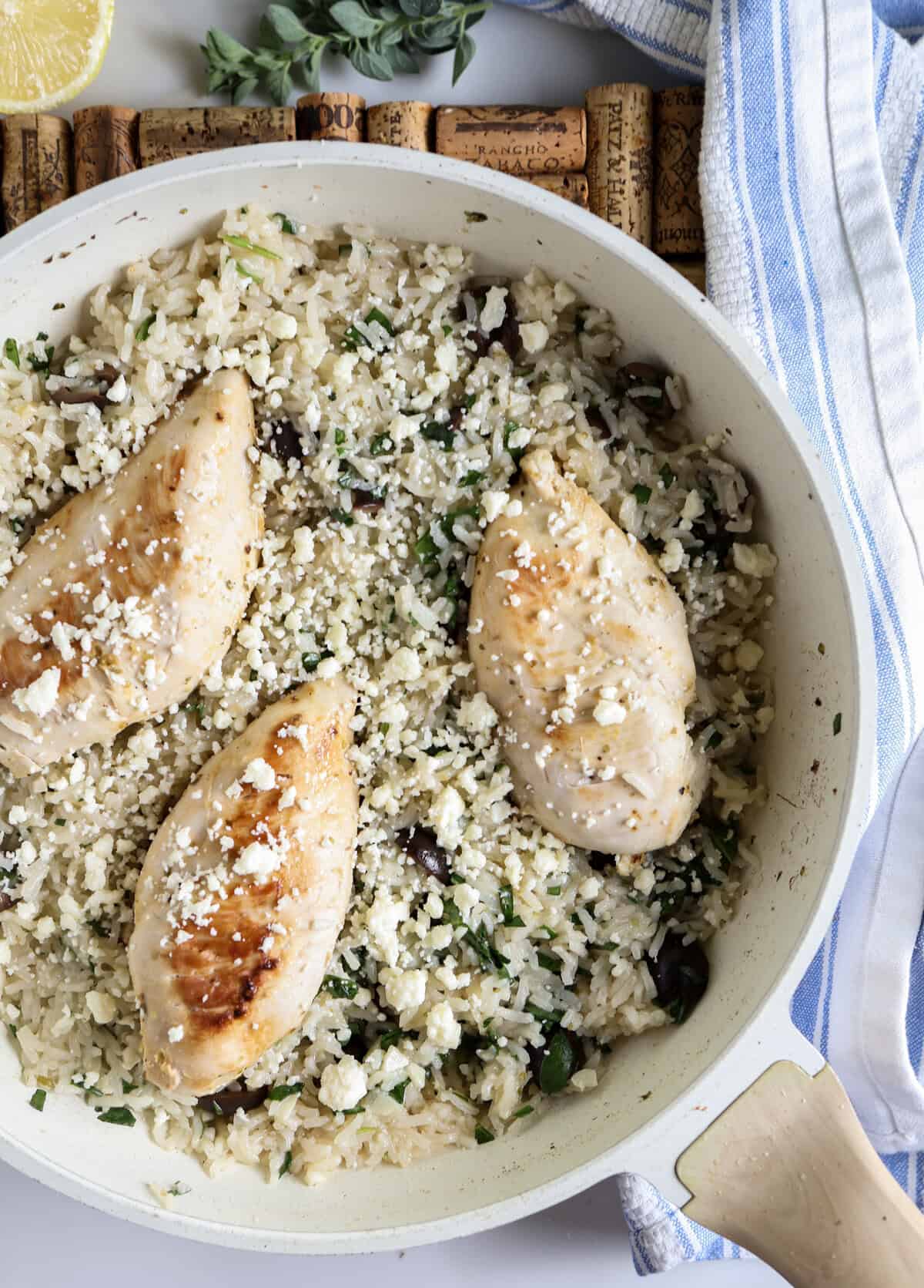 One skillet Greek Chicken and Rice with lemon and feta