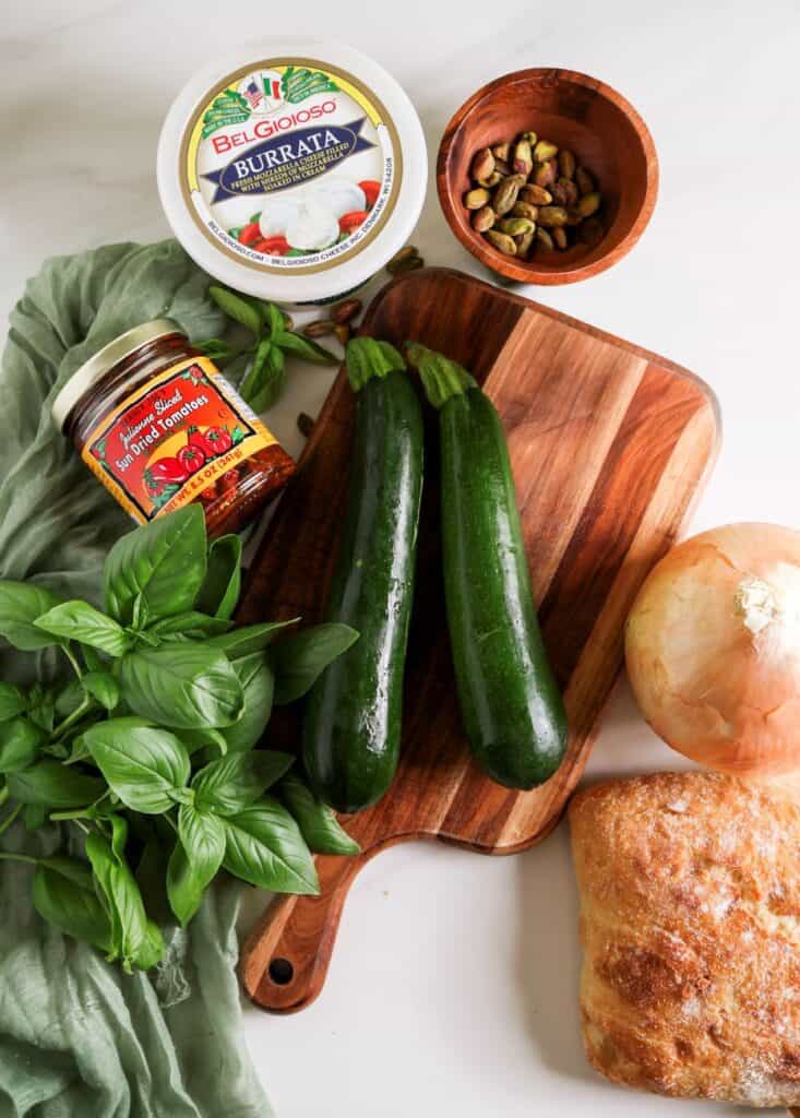 Ingredients laid out for the vegetable burrata sandwich