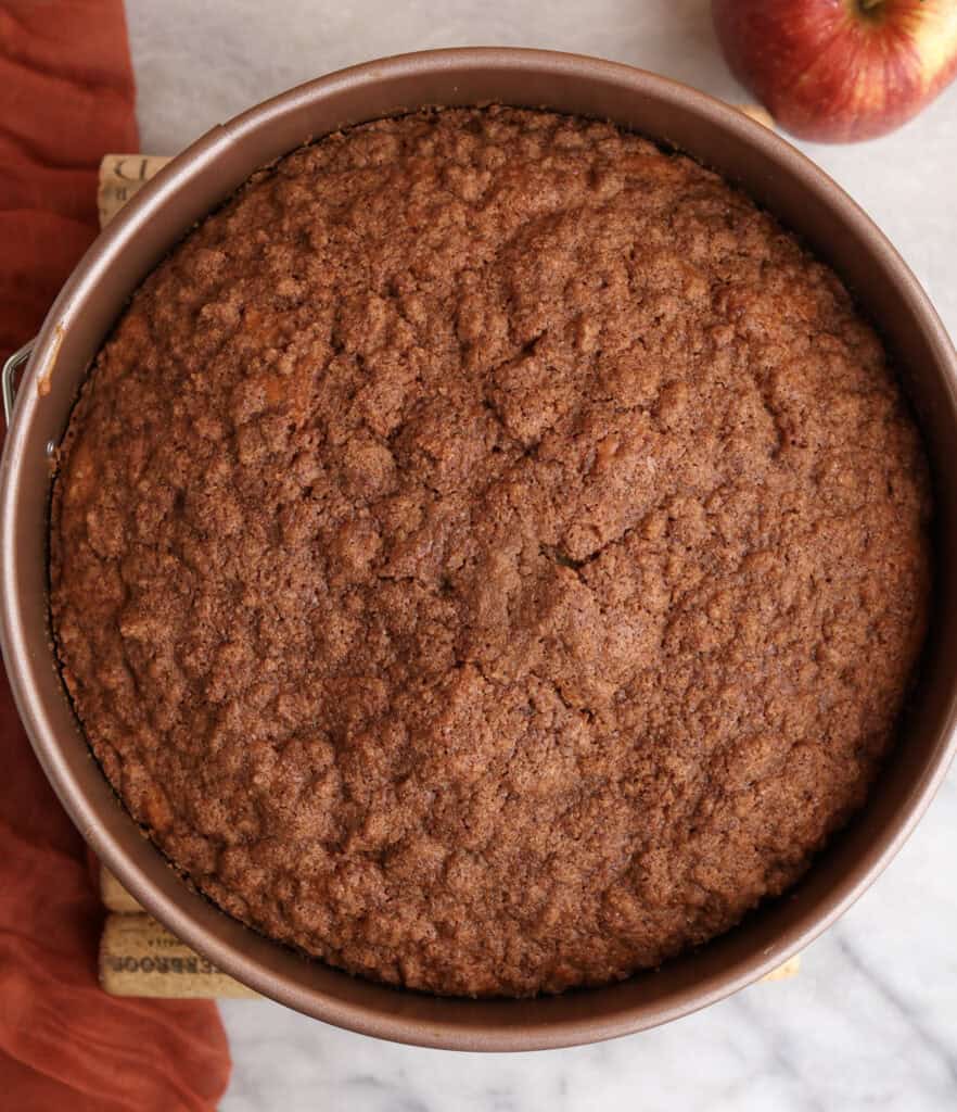 Apple coffee cake right out of the oven in a spring form pan. 
