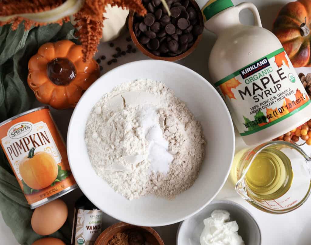 All the ingredients for the pumpkin chocolate chip bread on the counter.
