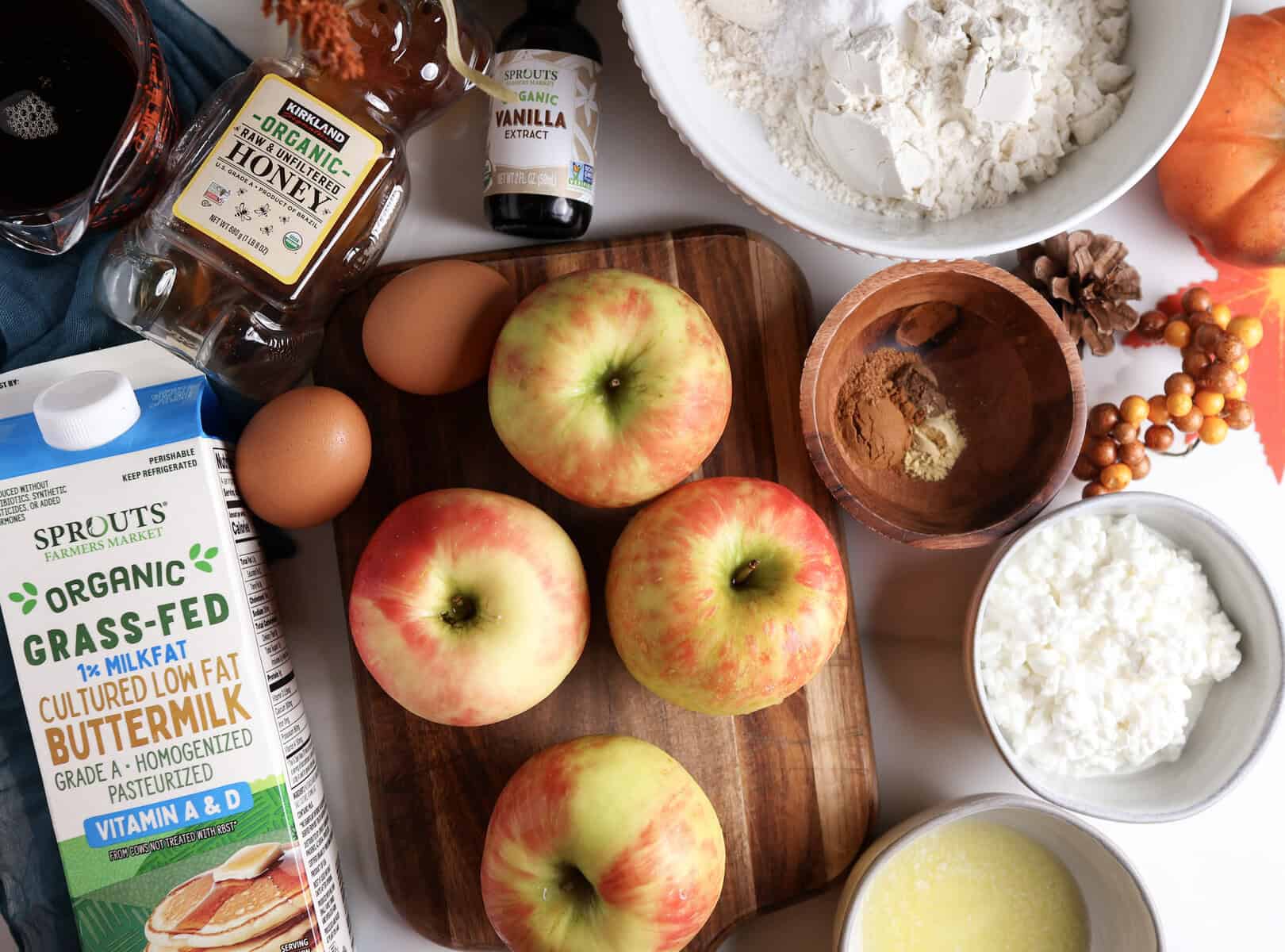 All the ingredients needed to make the cottage cheese apple pancakes. 