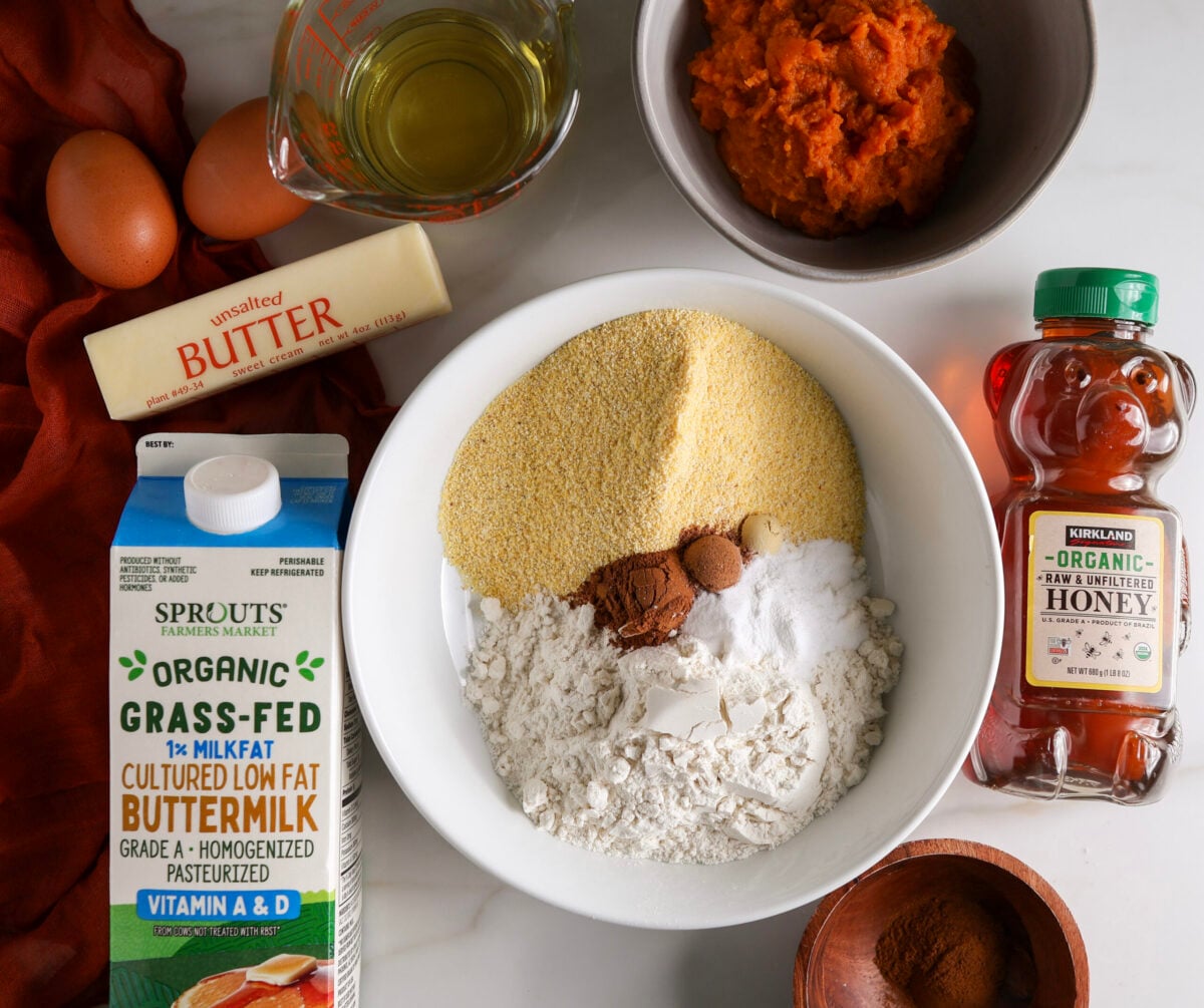 Ingredients for pumpkin cornbread with cinnamon honey butter. 