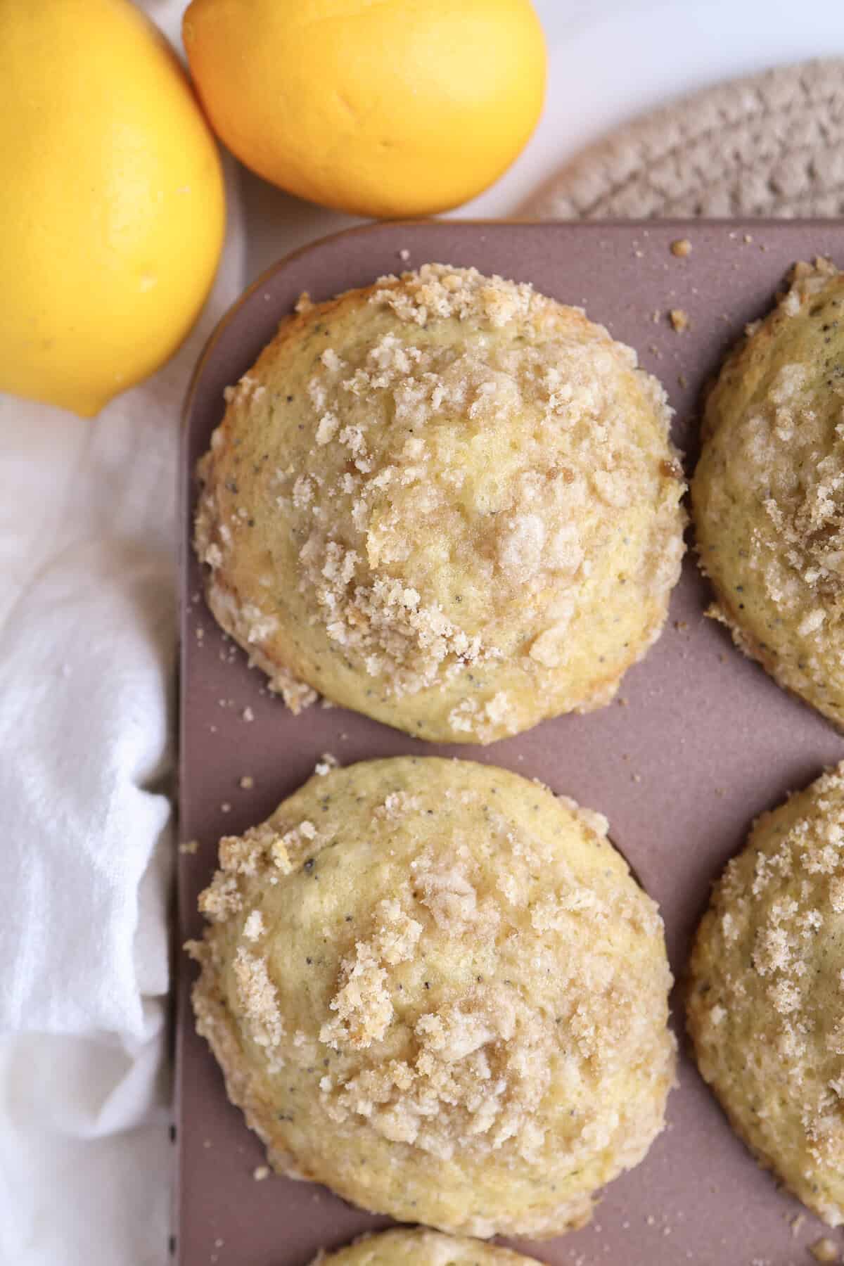 Lemon poppy seed muffins in a muffin tin right out of the oven.