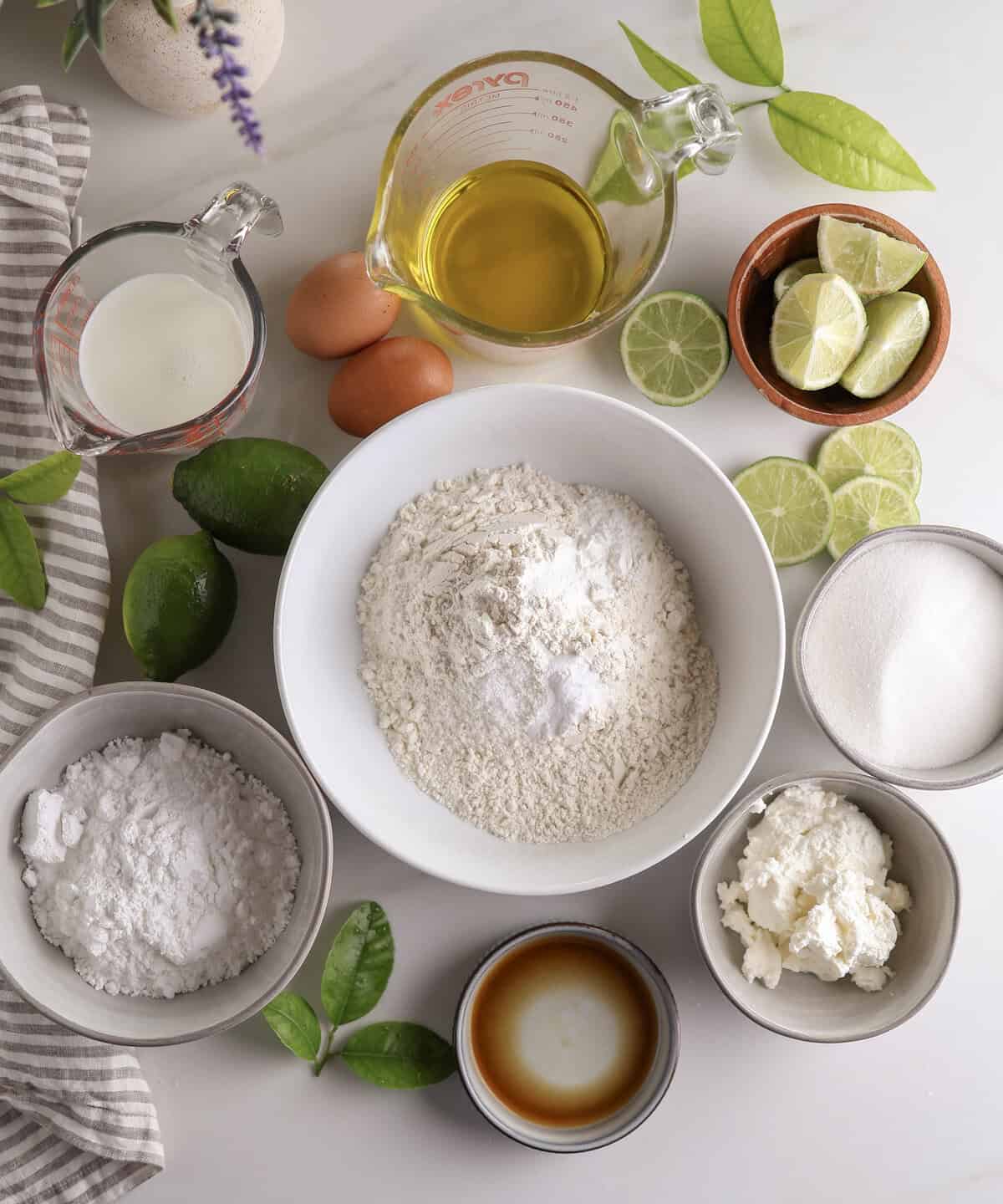 Ingredients for the olive oil and ricotta lime loaf.
