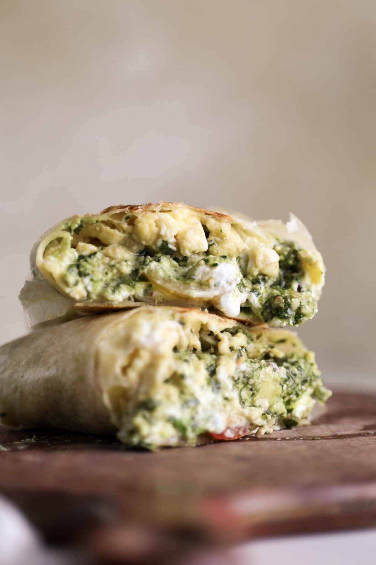Crispy Pesto and Goat Cheese Breakfast Egg Wrap