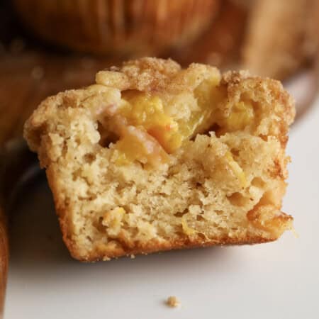 Brown Butter and Peach Muffin cut open.