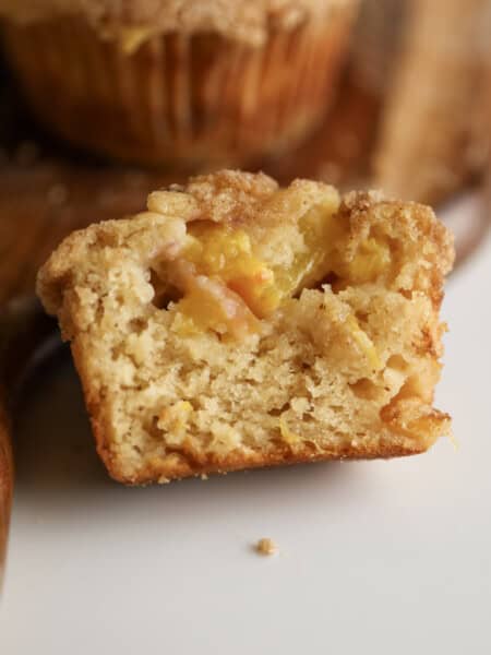 Brown Butter and Peach Muffin cut open.