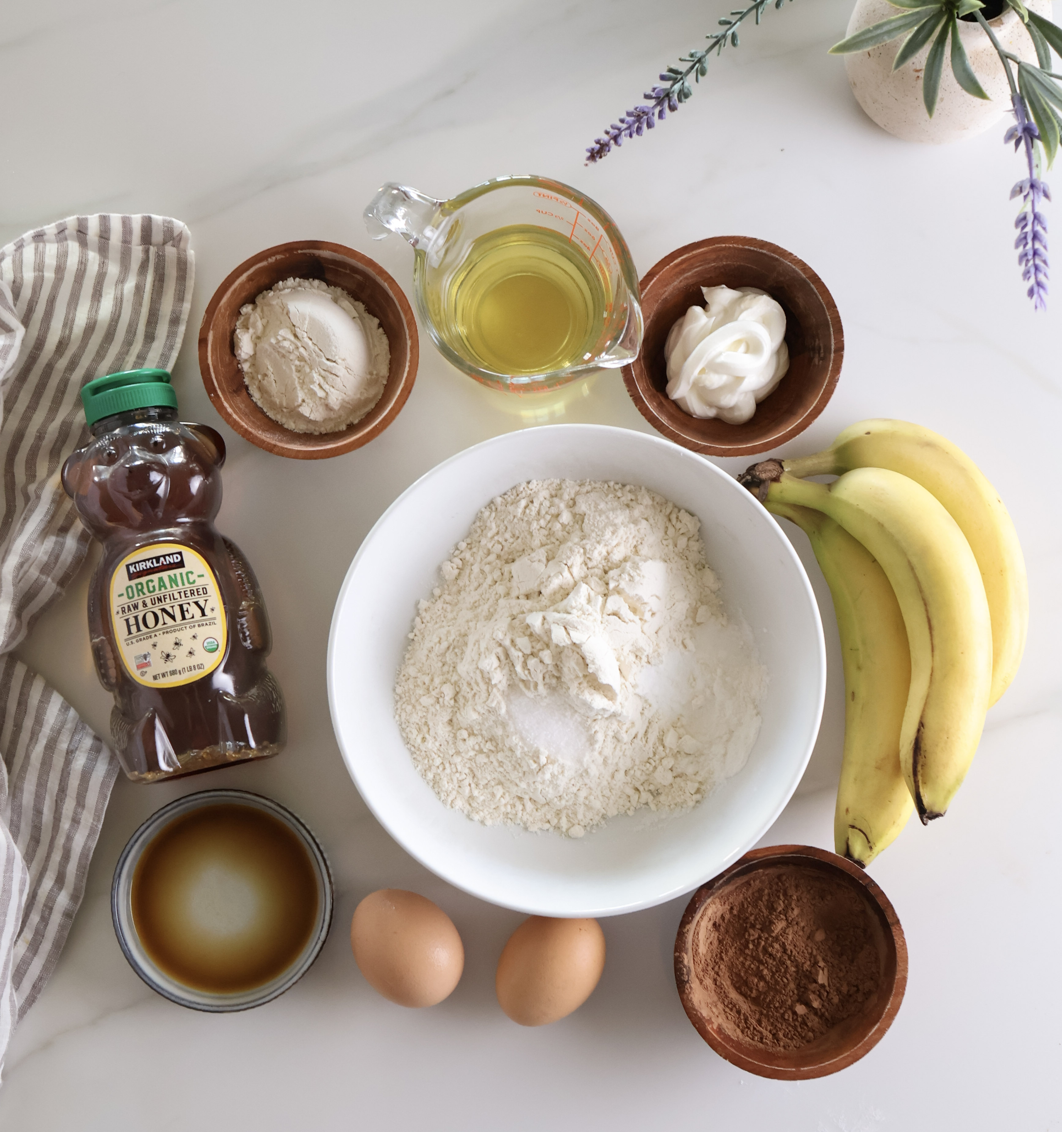 All the ingredients that are needed to make the easy marbled banana bread