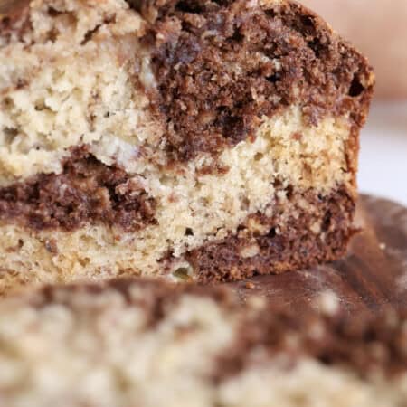 Up close-up of the chocolate marbled banana bread slice