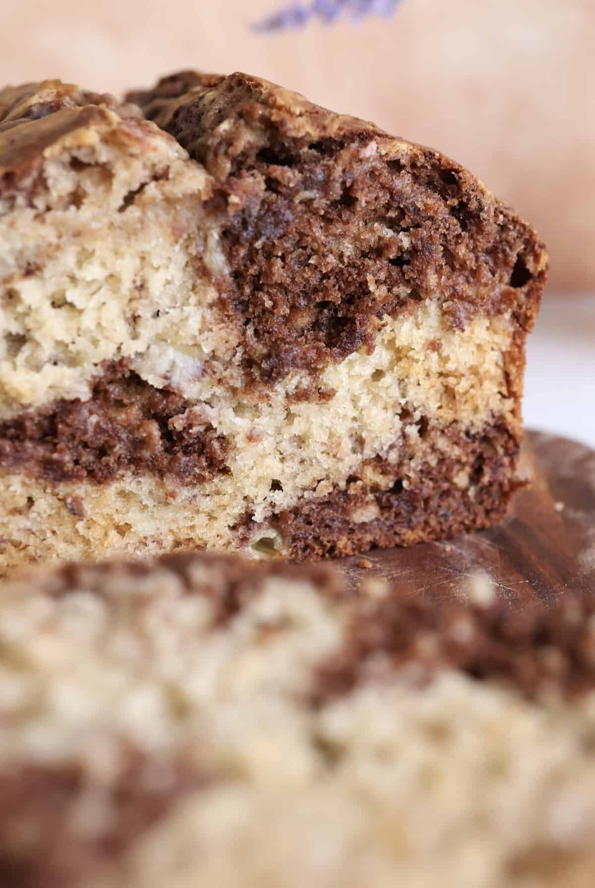 Up close-up of the chocolate marbled banana bread slice