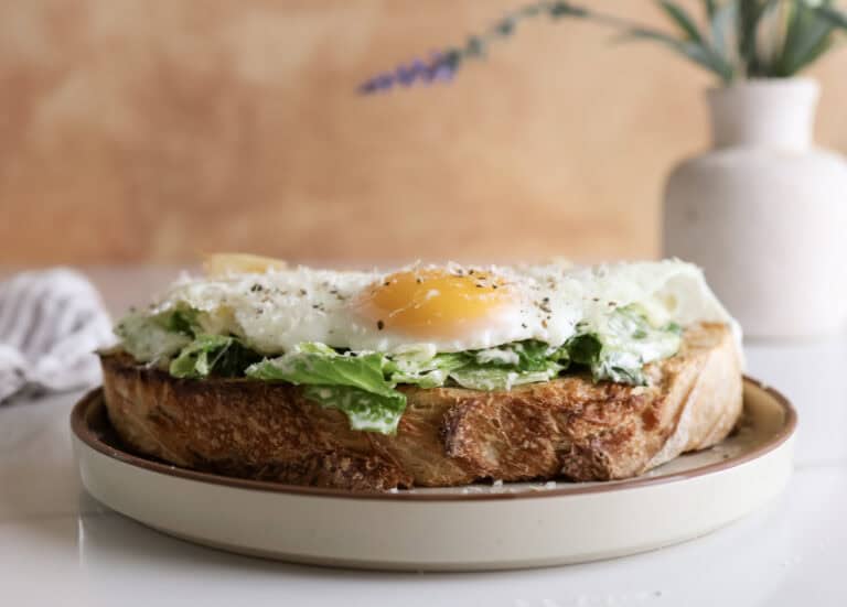 Caesar Salad Toast with Roasted Garlic and Parmesan Fried Egg