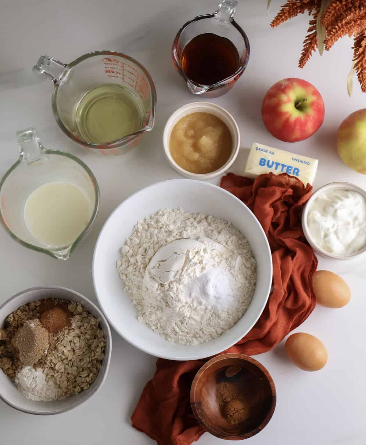 All the individual ingredients needed to make the apple muffins. 