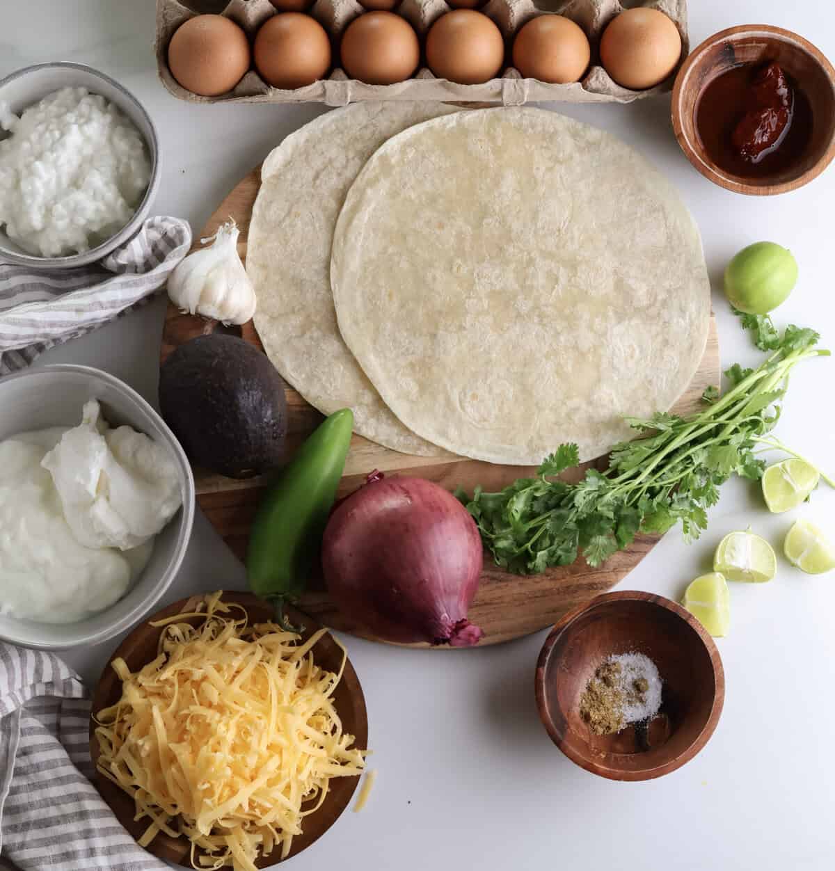 The ingredients all laid out for the breakfast egg quesadilla.