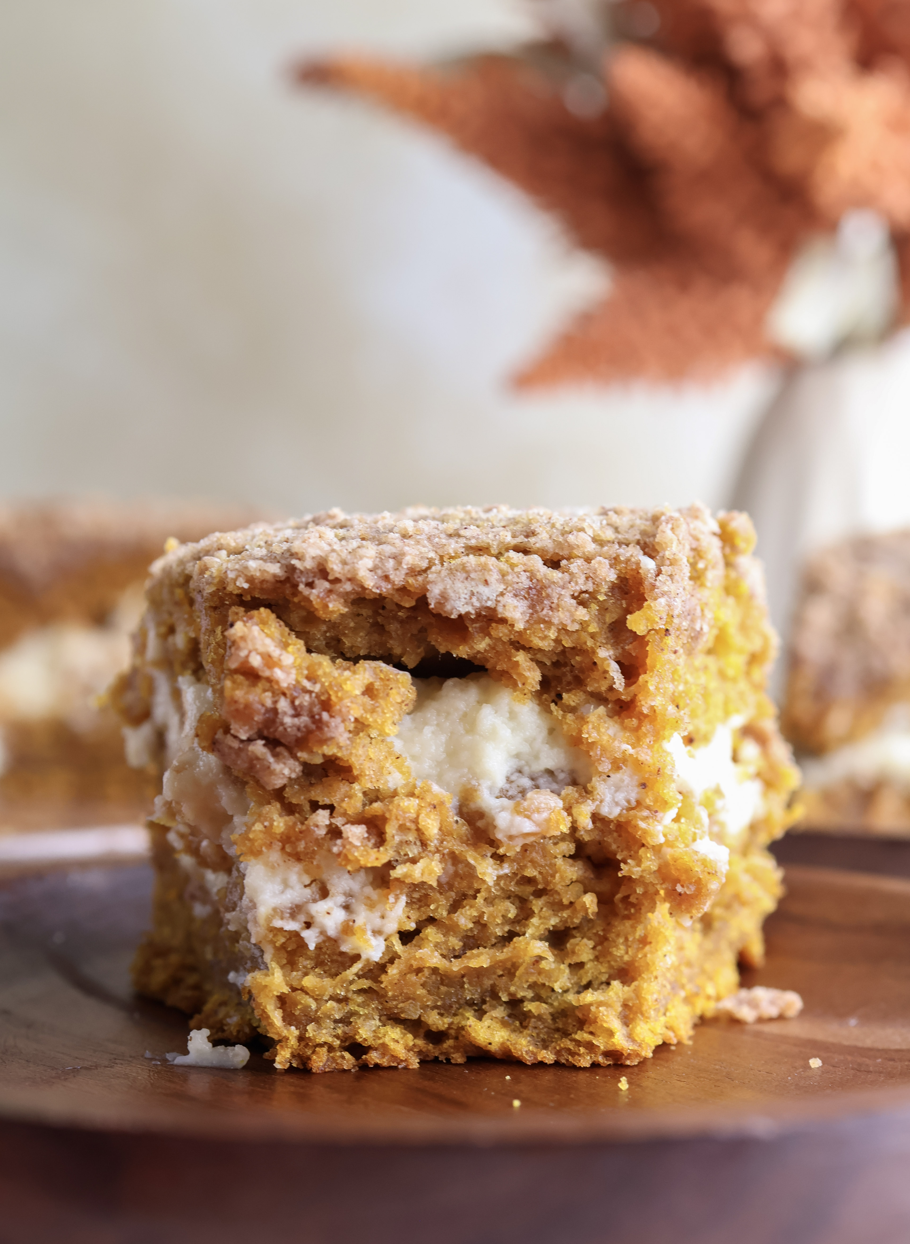 Individual slice of the pumpkin cream cheese coffee cake