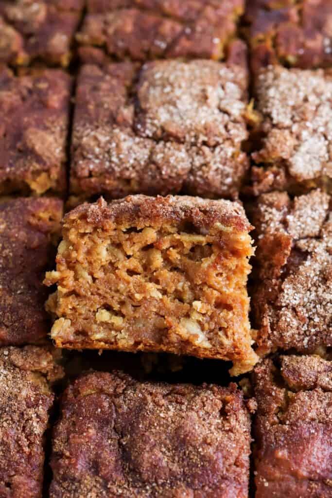 Over head shot of the pumpkin oatmeal bake cut into squares with one bar tilted up. 