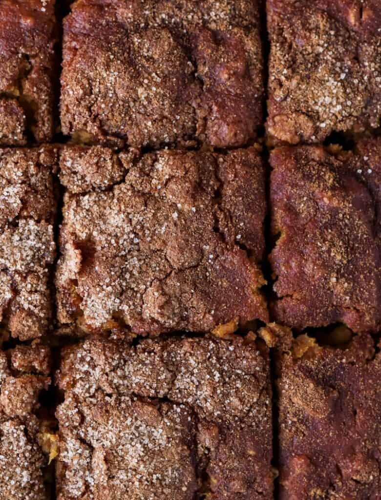 Overhead shot of the pumpkin oatmeal bake cut into squares. 