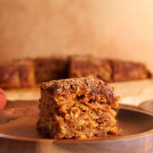 A slice of the spiced pumpkin oatmeal bake.