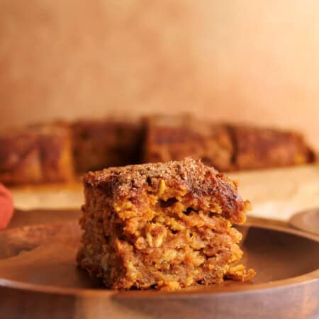 A slice of the spiced pumpkin oatmeal bake.