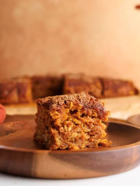 A slice of the spiced pumpkin oatmeal bake.