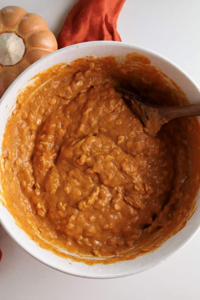 The spiced pumpkin oatmeal bake batter in a bowl. 
