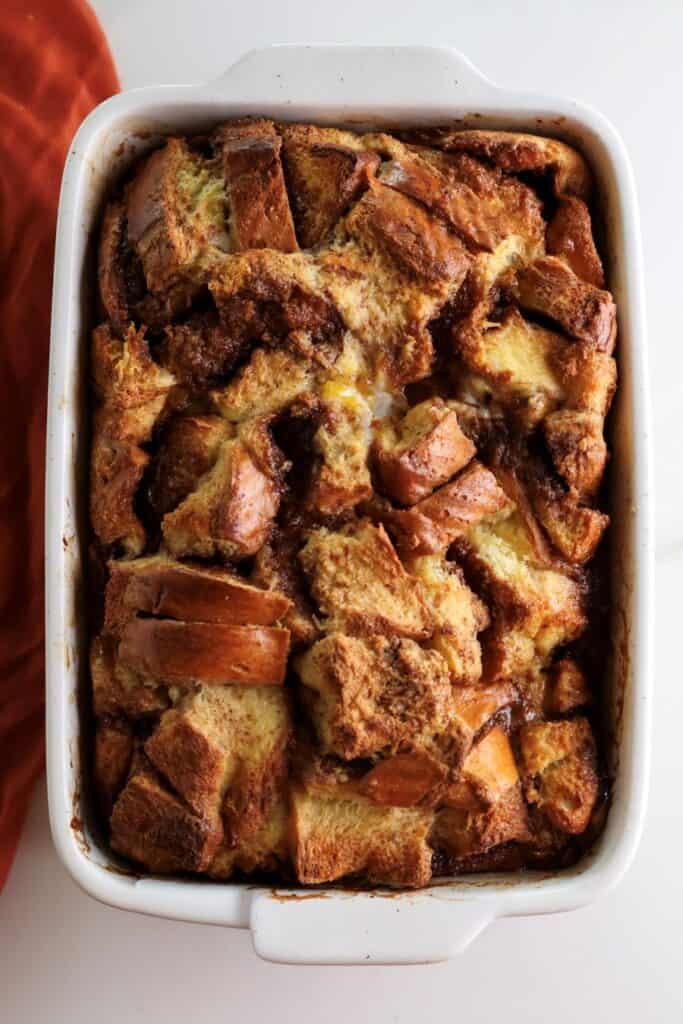 Cinnamon roll french toast casserole right out of the oven.