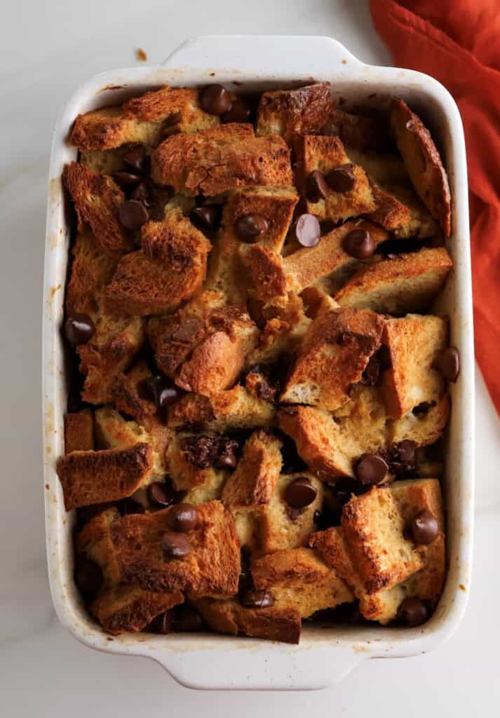 Sourdough French toast casserole fresh from the oven in a baking pan.