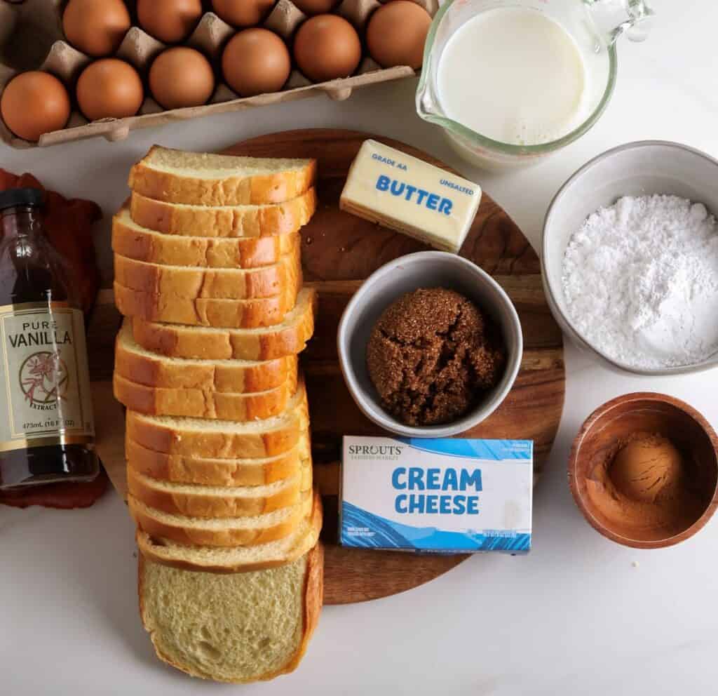 All the ingredients laid out for the cinnamon roll brioche French toast casserole.
