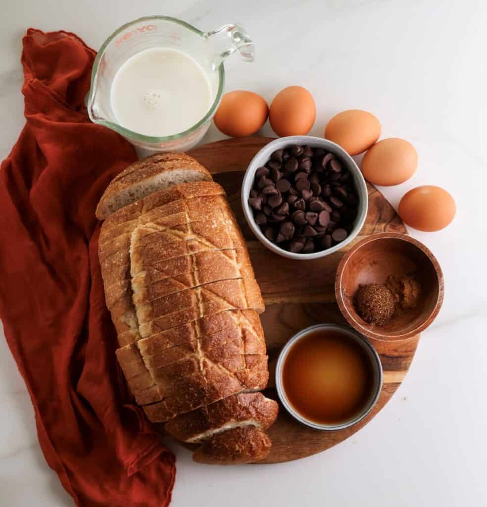 All the ingredients needed to make the French toast bake with chocolate chips.