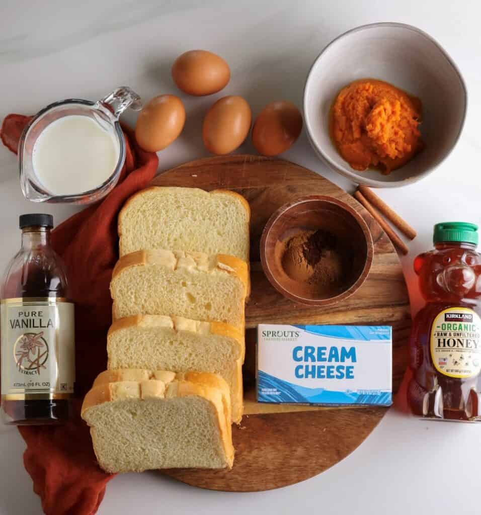 All the ingredients needed to make the cream cheese stuffed pumpkin French toast.