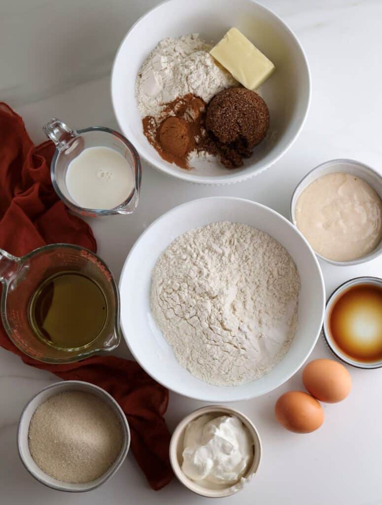 All the ingredients needed to make the sourdough coffee cake.