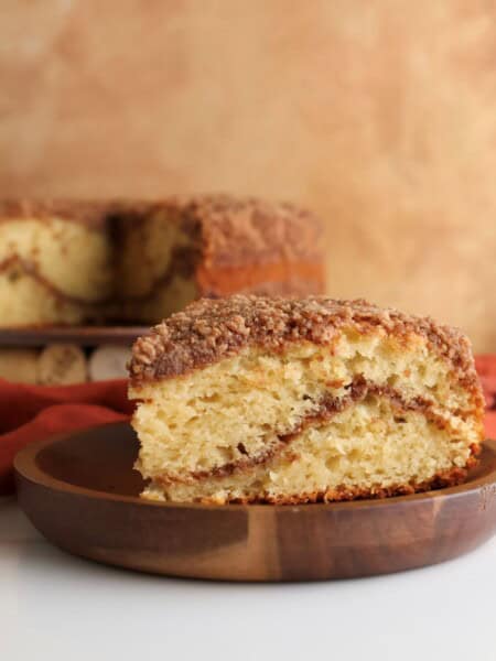 A slice of the sourdough discard coffee cake.