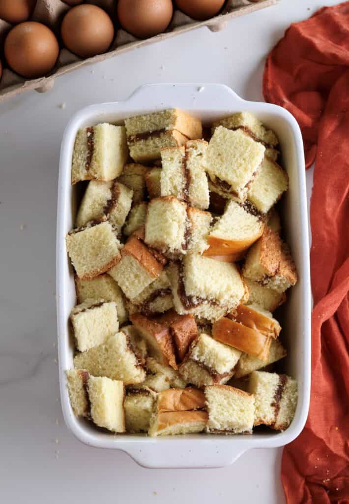 The unbaked cinnamon roll brioche french toast casserole.