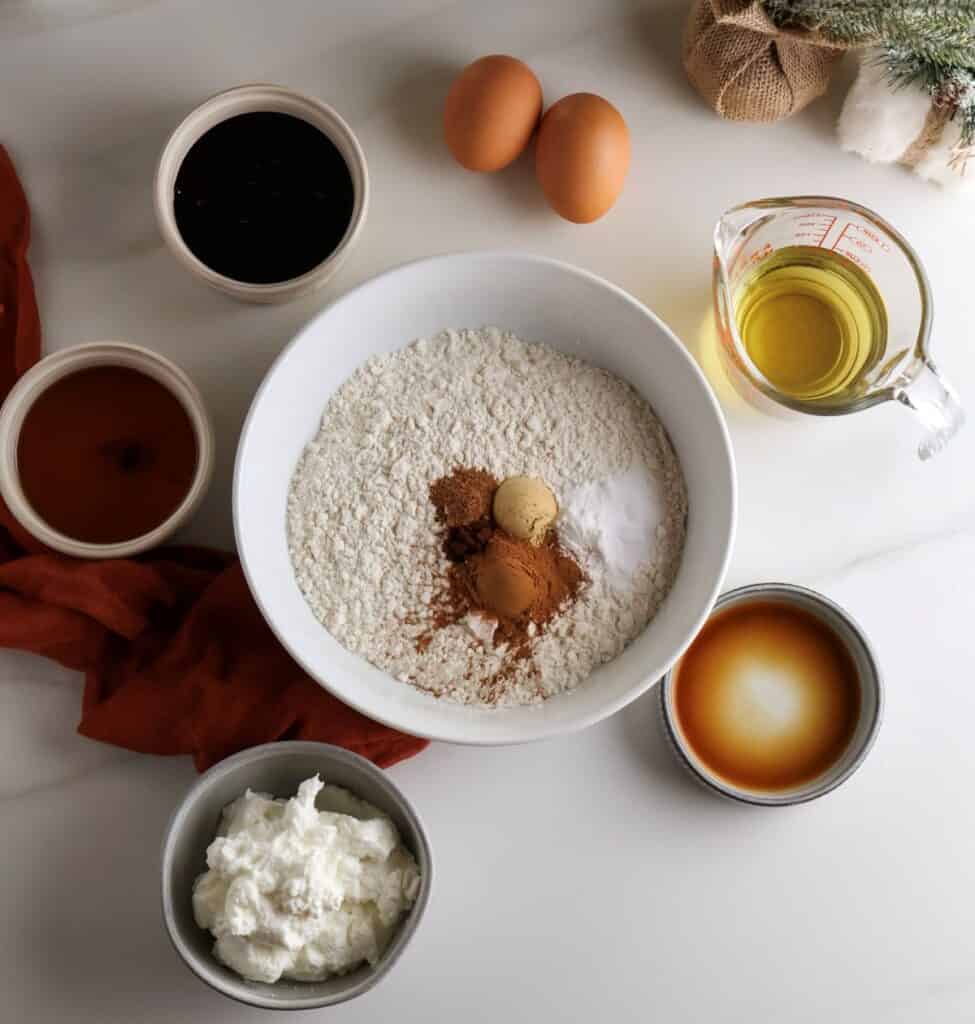 All the ingredients laid out to make the spiced gingerbread loaf. 