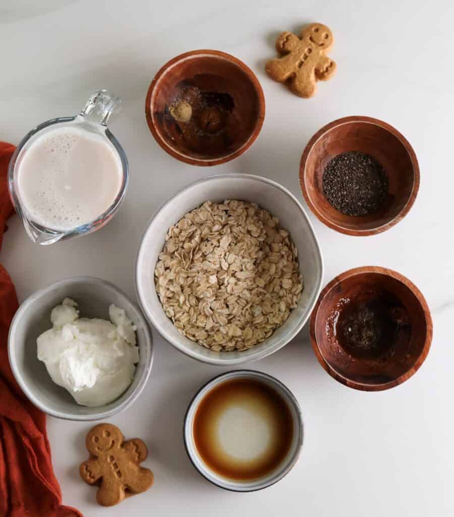 All the ingredients needed to make gingerbread overnight oats. 