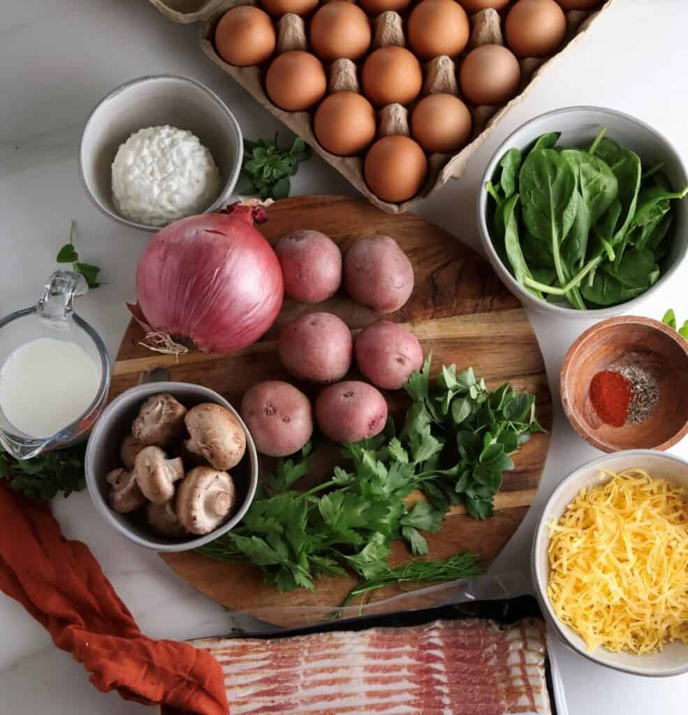 All the ingredients needed to make the roasted potato breakfast bake.