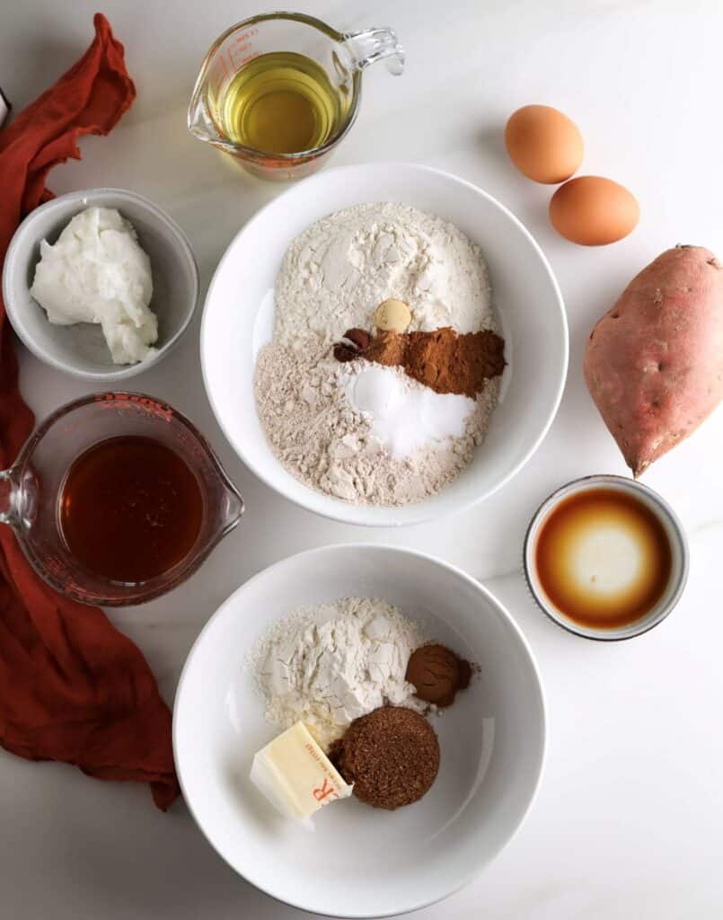 The ingredients needed to make the sweet potato loaf. 