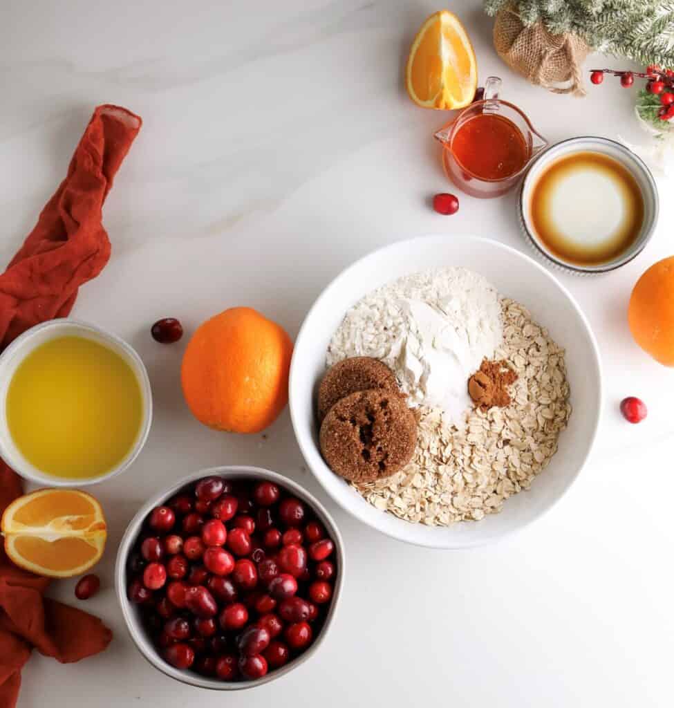 All the ingredients needed to make the cranberry and orange oat bars.