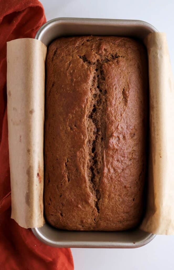 Spiced gingerbread loaf right out of the oven in loaf pan. 