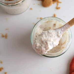 Overhead shot of gingerbread overnight oats on a spoon.