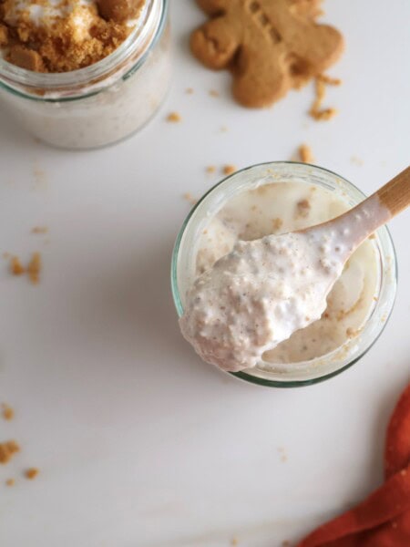 Overhead shot of gingerbread overnight oats on a spoon.