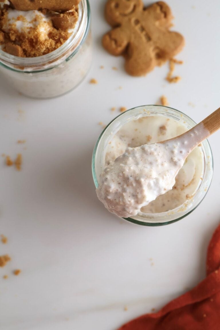Overhead shot of gingerbread overnight oats on a spoon.