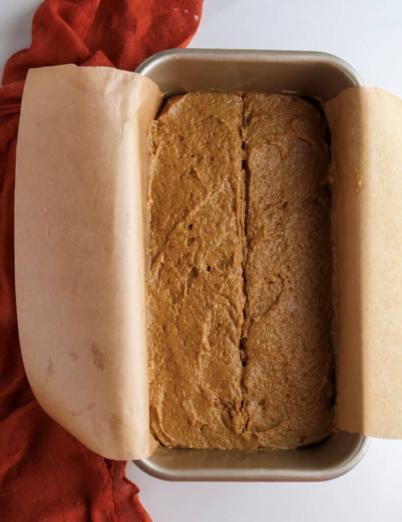 Unbaked gingerbread loaf in pan right before going in the oven. 