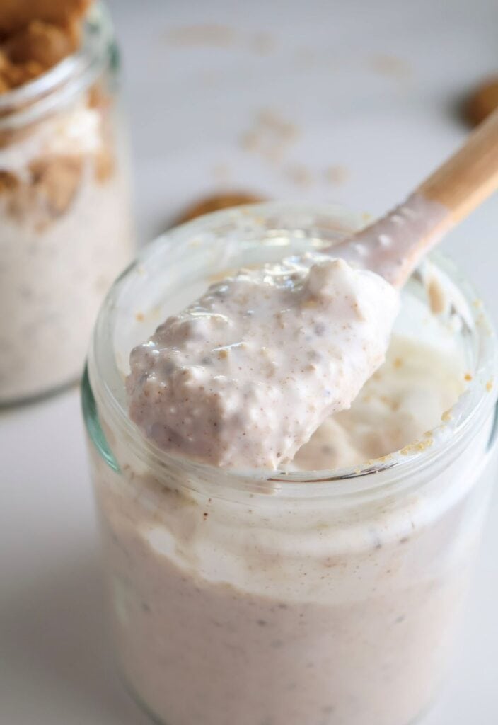 up-close shot of blended gingerbread overnight oats on a spoon. 
