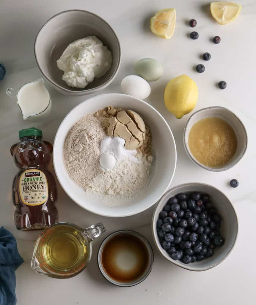 All the ingredients needed to make the healthy protein blueberry muffins.