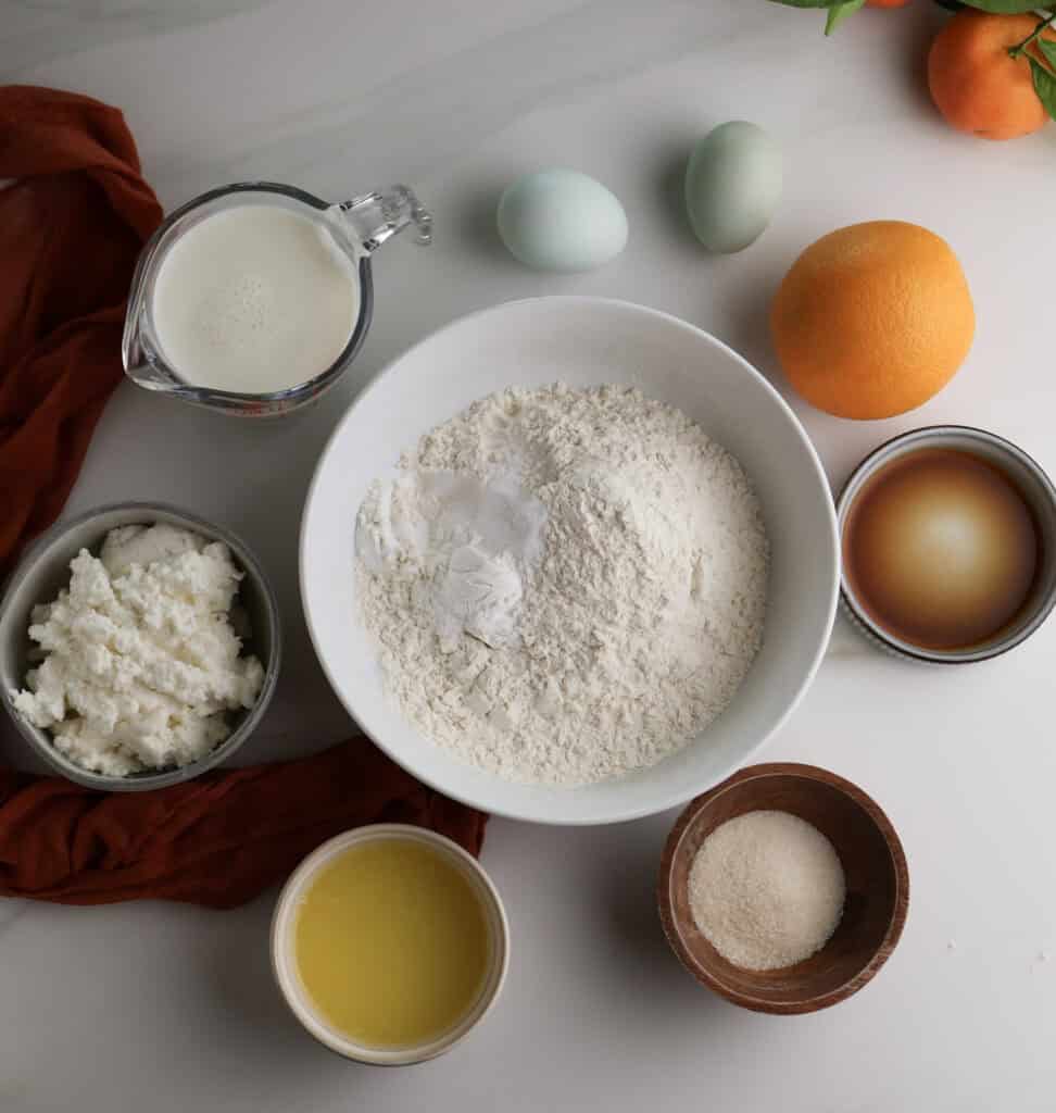All the ingredients needed to make the orange ricotta pancakes.